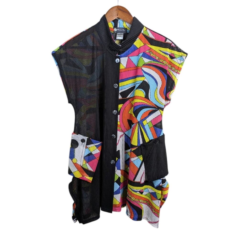 Damee Inc Mesh Button Tunic Top Small Medium Asymmetrical Maximalist Art Deco